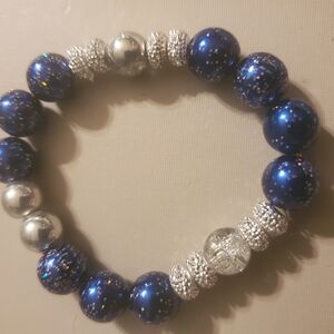 Handmade by my daughter. Glitter Blue and Silver Beaded Bracelet